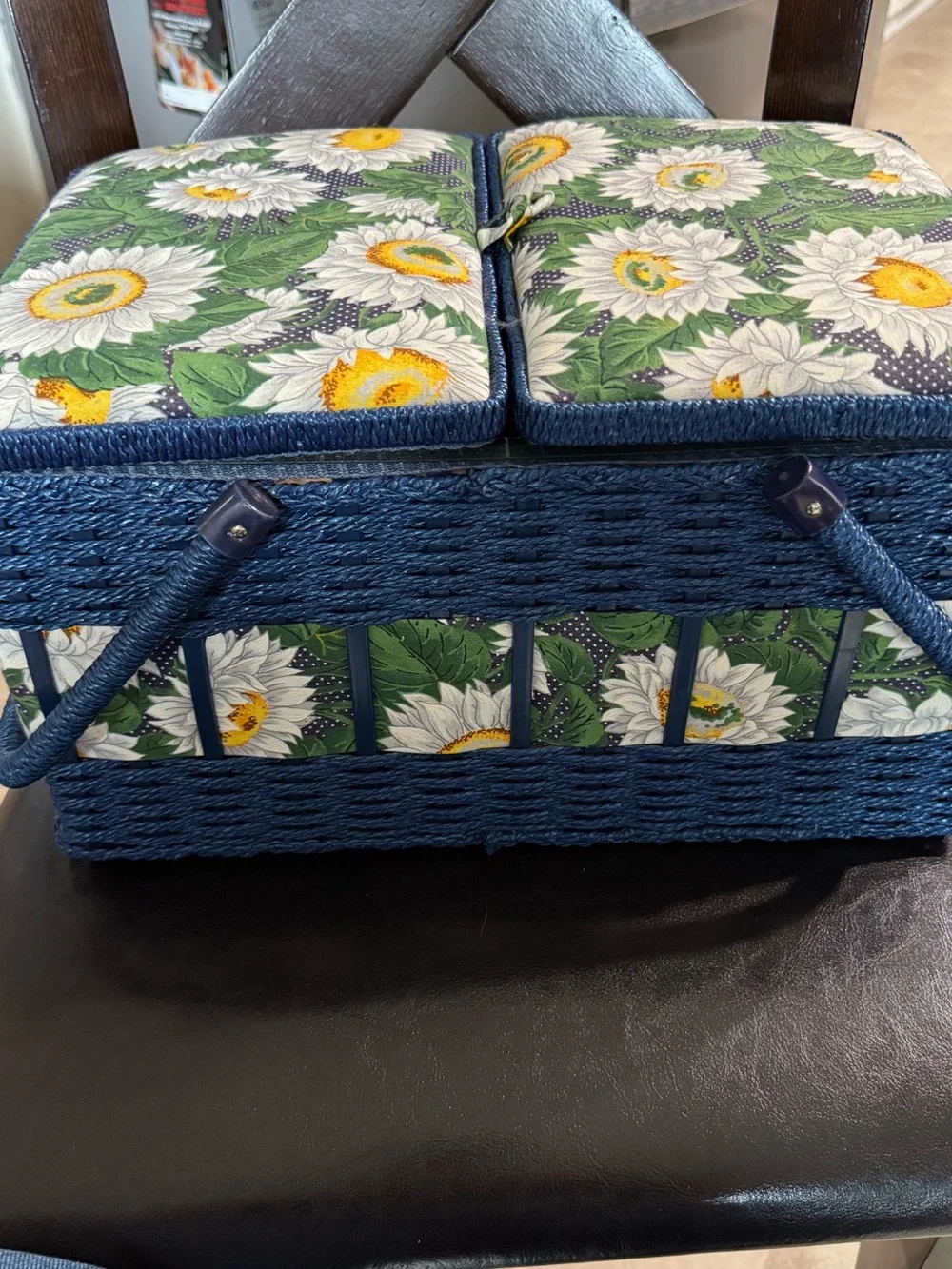 Vtg Wicker Sewing Basket Blue With Sunflowers Storage Box With Handle